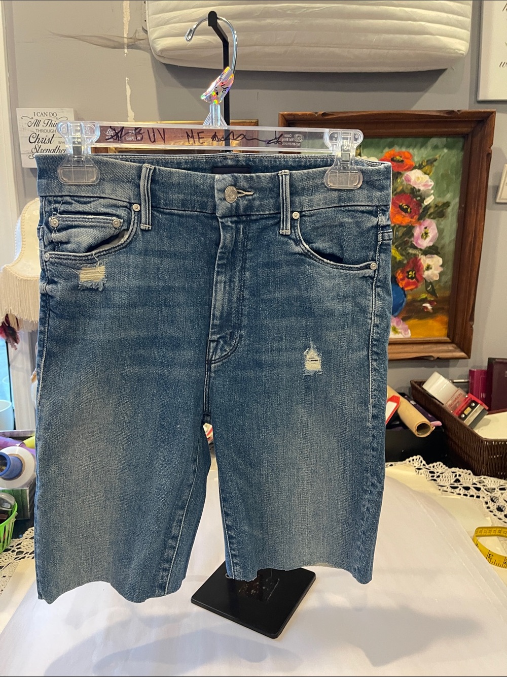 MOTHER Distressed Blue Denim Jean Shorts | Size 27 Rainbow Learning to Hula Wash - Picture 3 of 13